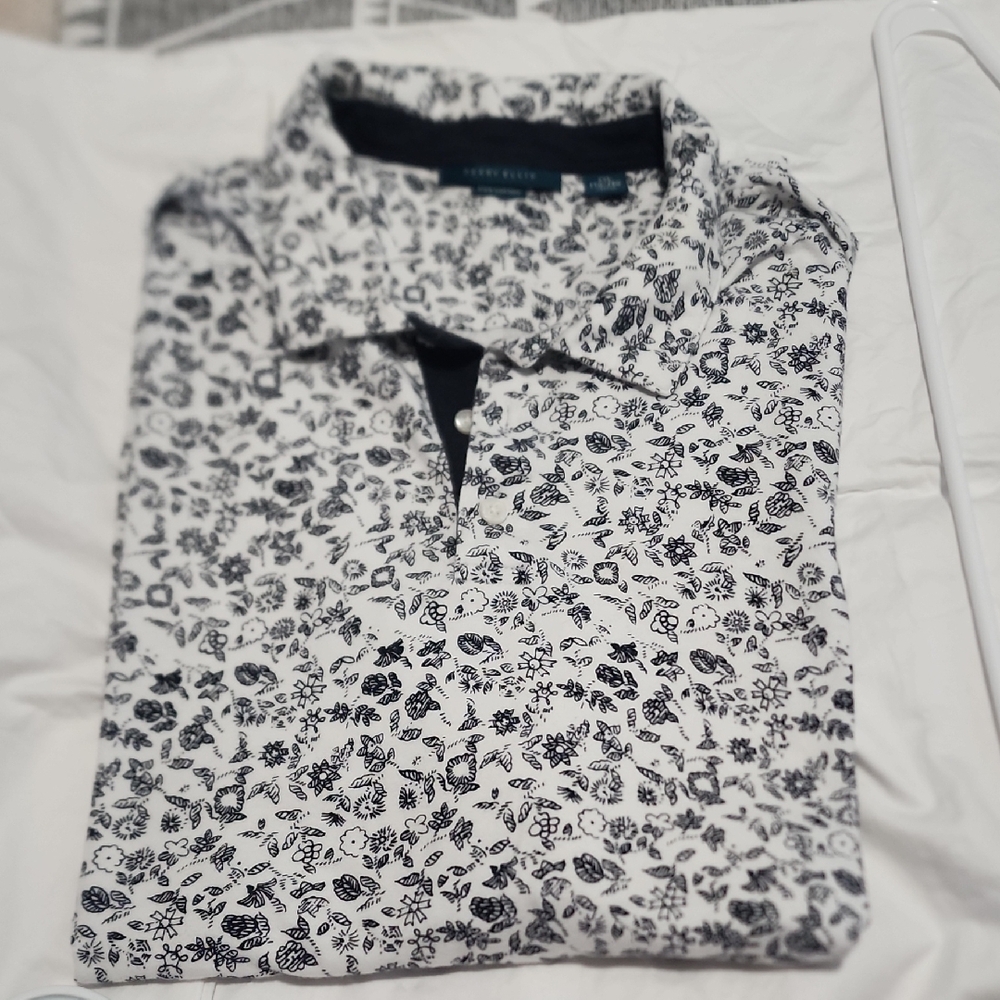 Perry Ellis Black and White Polo Shirt with Intricate Design